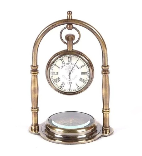 Brass desk clock with - desk, compass